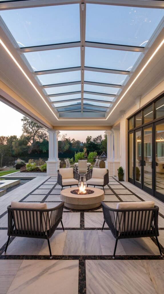 Modern covered patio with a framed clear glass skylight roof and perimeter strip lighting, featuring white and dark patterned tile flooring centered around a circular stone fire pit.