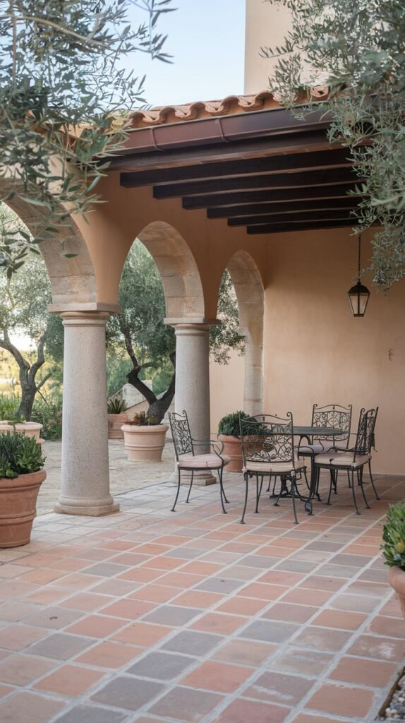 Mediterranean covered walkway defined by rounded stone arches and columns, a terracotta tiled floor, and a black wrought iron dining set.