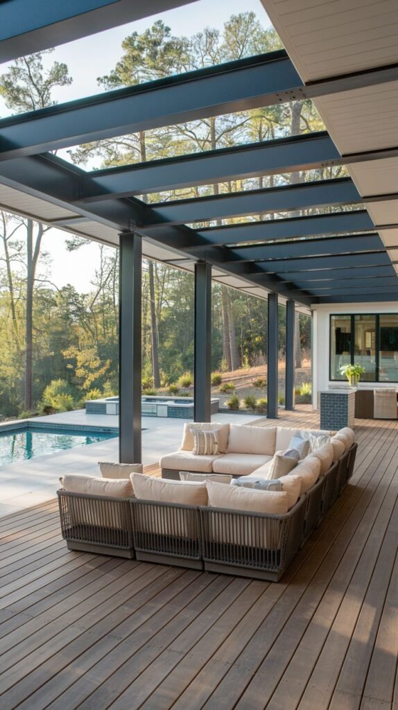 Contemporary covered patio with exposed dark steel beams supporting the roof, wide plank wooden decking, and an oversized low-profile sectional sofa facing a pool.