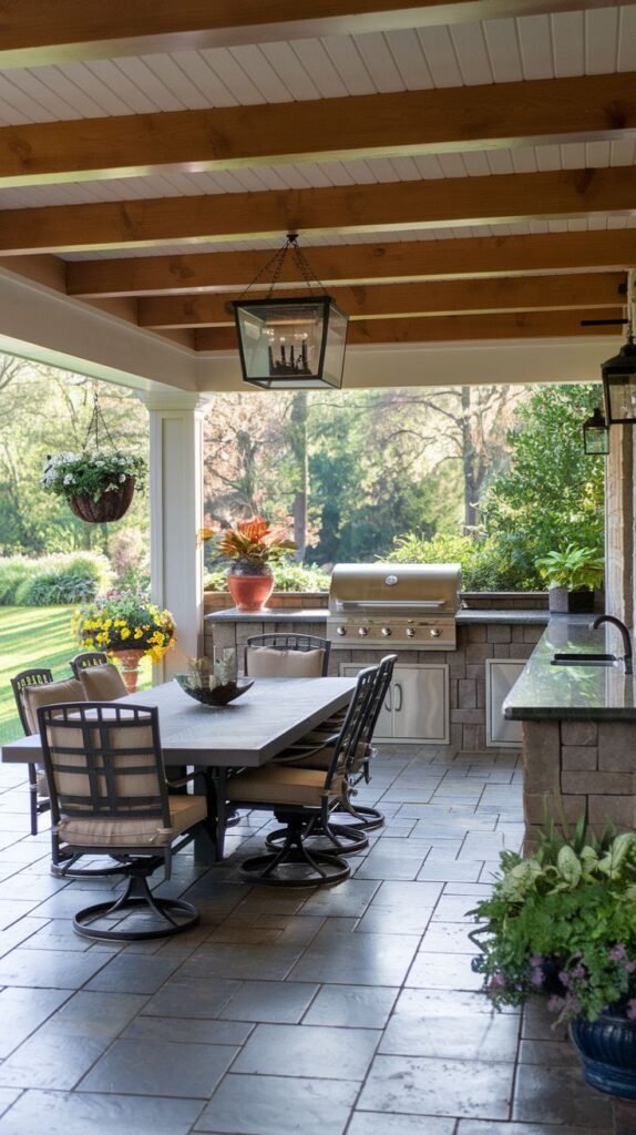 Functional covered outdoor kitchen and dining area featuring a wood-beamed ceiling, dark tile flooring, a built-in grill and counter, and a dining table with swivel chairs.