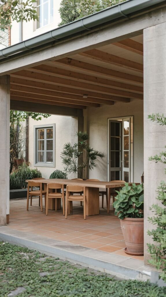 Simple, covered dining portico with large concrete pillars, exposed wooden rafters overhead, and terracotta tiled flooring, furnished with a long rectangular wooden table.