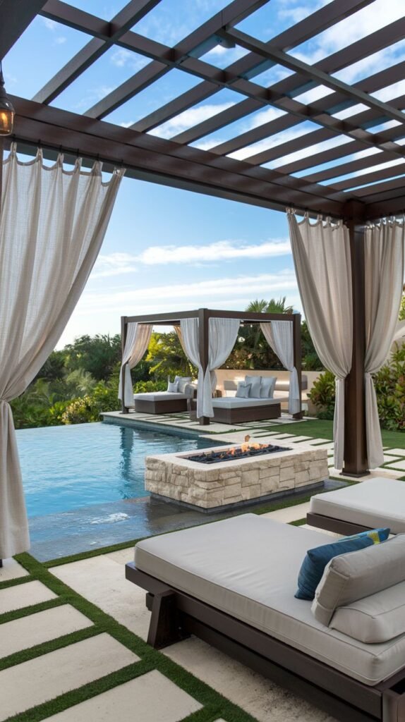 Luxurious poolside area featuring a dark wood pergola with light sheer curtains, sun loungers on large stone pavers and grass strips, and a square stone fire pit.