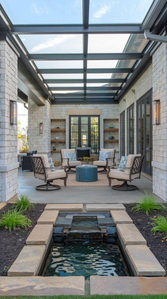 Covered sitting area with a glass roof structure and white brick walls, featuring a grouping of swivel chairs facing a tiered, stone-framed rectangular water feature.