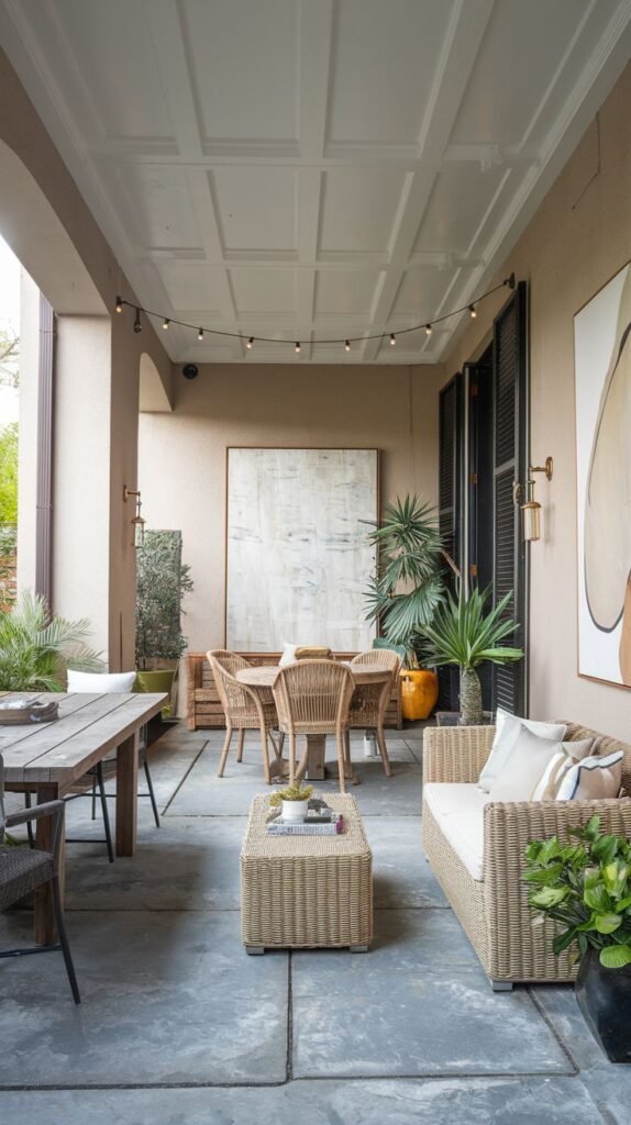 Elegant covered lounge with a white coffered ceiling, large stone slab flooring, multiple seating zones (dining and lounging), and modern art decorating the back wall.