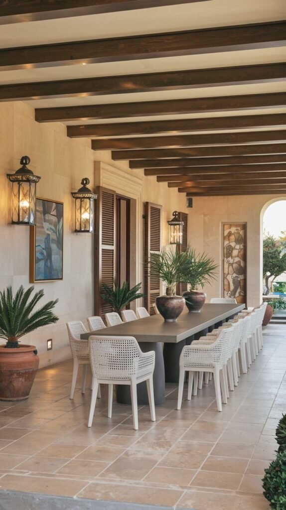Long, Hacienda-style alfresco dining area with exposed dark wood ceiling beams, decorative wall lanterns, and a long dining table surrounded by many white woven chairs.