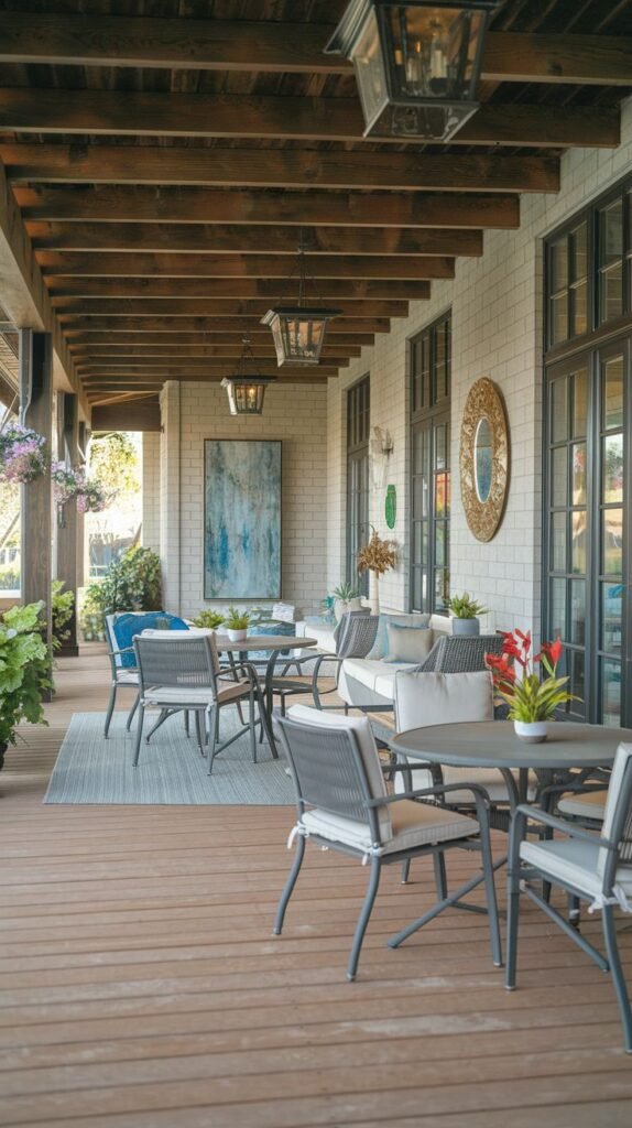 Extended veranda with exposed dark wood rafters and beams over a wood deck floor, white brick walls, and multiple seating areas decorated with artwork and mirrors.