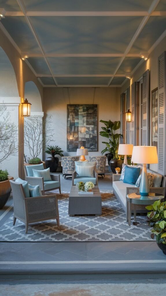 Intimate evening covered lounge with a light blue paneled ceiling, plush seating, large floor lamps, and patterned area rug, creating a warm, layered lighting effect.