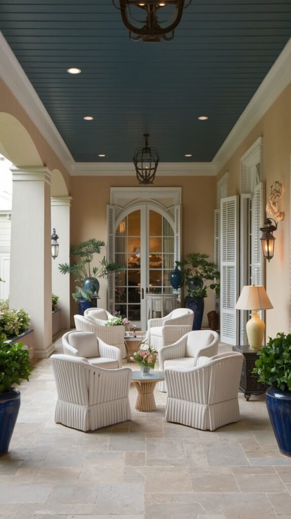 Southern-style porch featuring a striking dark teal beadboard ceiling, white arched columns, and a circular grouping of white skirted wicker chairs on light tile flooring.