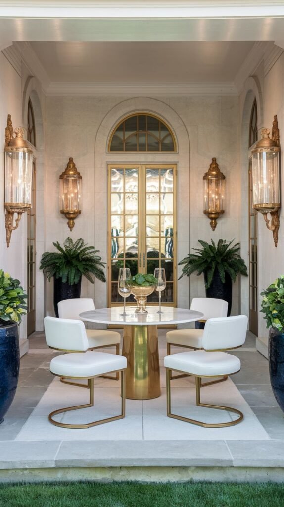 Luxurious, deeply covered dining niche with white stone walls, oversized gilded glass wall lanterns, and a round white marble table with gold-framed chairs.