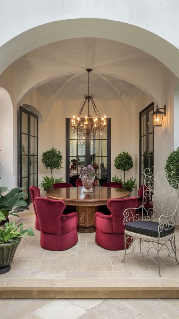Covered dining area featuring a striking white barrel-vaulted ceiling, an ornate black chandelier, a round wooden table, and rich, deep red velvet upholstered swivel chairs.