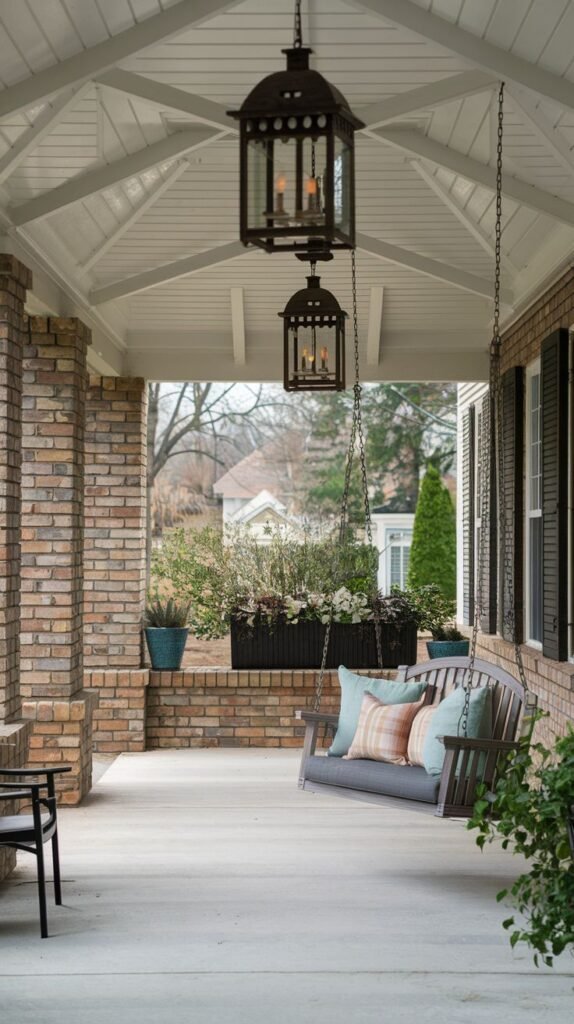 Traditional covered front porch with a white paneled ceiling, large brick columns, and a chain-hung wooden swing adorned with pillows, lit by black lantern fixtures.