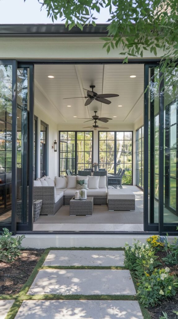 Enclosed sunroom with white paneled ceiling and dark-framed sliding glass doors fully open, revealing a gray wicker sectional and stepping stones leading outside.