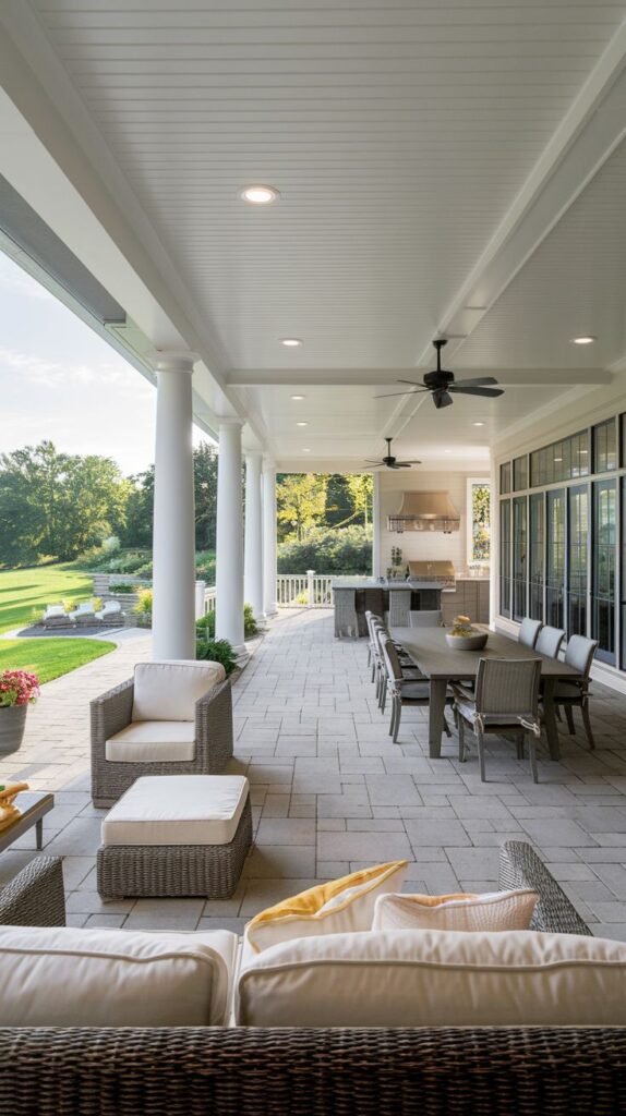 Expansive covered veranda supported by tall white columns, featuring a long dining table, wicker lounge seating, a built-in outdoor kitchen, and light-colored stone pavers.