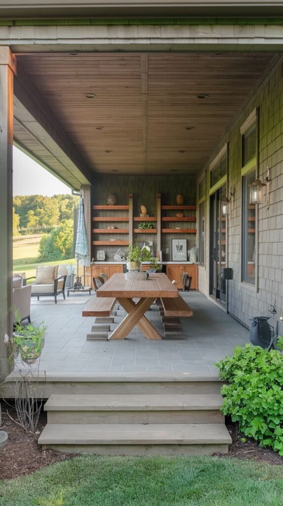 Covered outdoor dining area with a rustic wooden table and benches, gray tile flooring, a wood-paneled ceiling, and built-in wood shelving units lining the back wall.