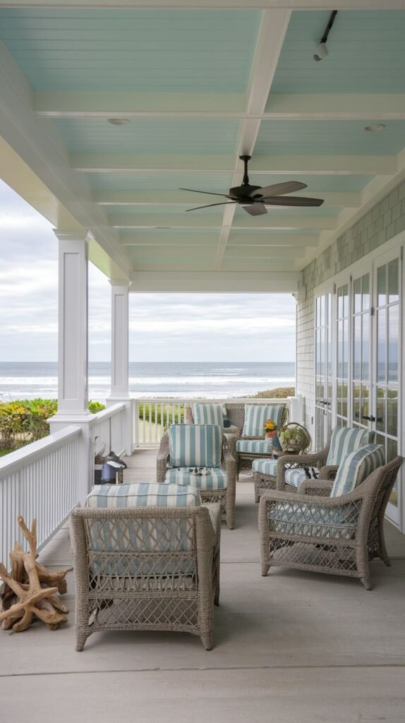 Coastal porch overlooking the ocean, featuring white columns and railing, wicker seating with striped cushions, and a ceiling painted light teal or blue.