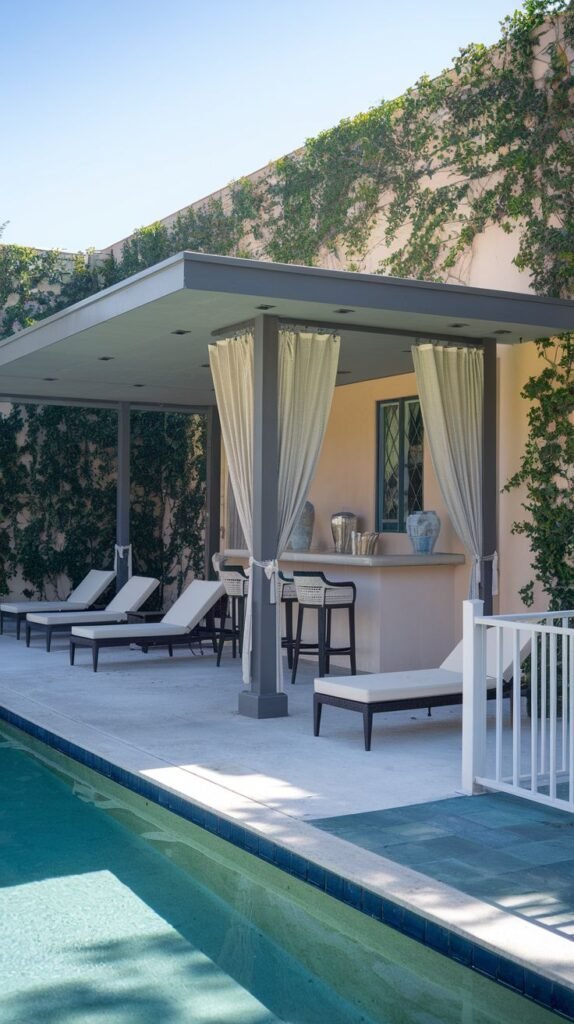 Minimalist poolside pavilion with a flat gray roof, sheer white privacy curtains, a built-in bar area, and lounge chairs next to the swimming pool.
