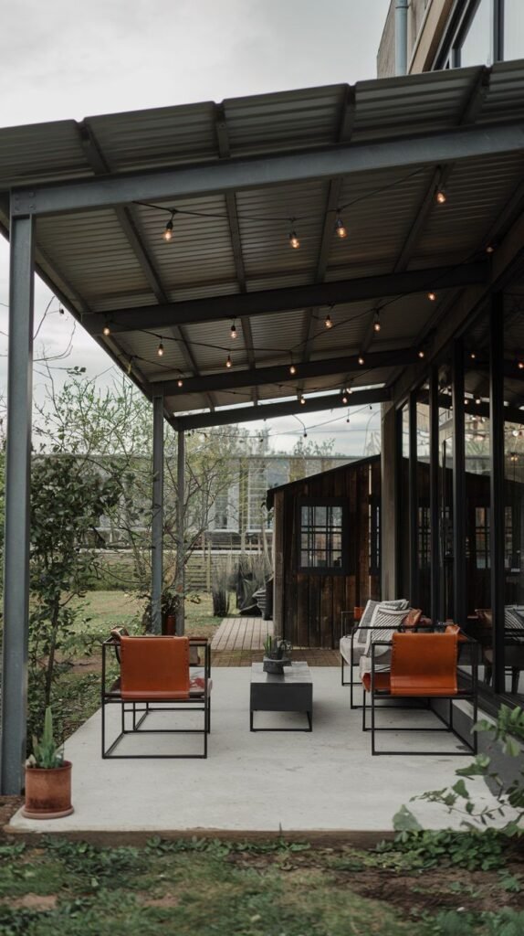 Industrial covered patio featuring a corrugated metal roof supported by exposed metal structure, string lights, a concrete floor, and modern leather and black metal chairs.