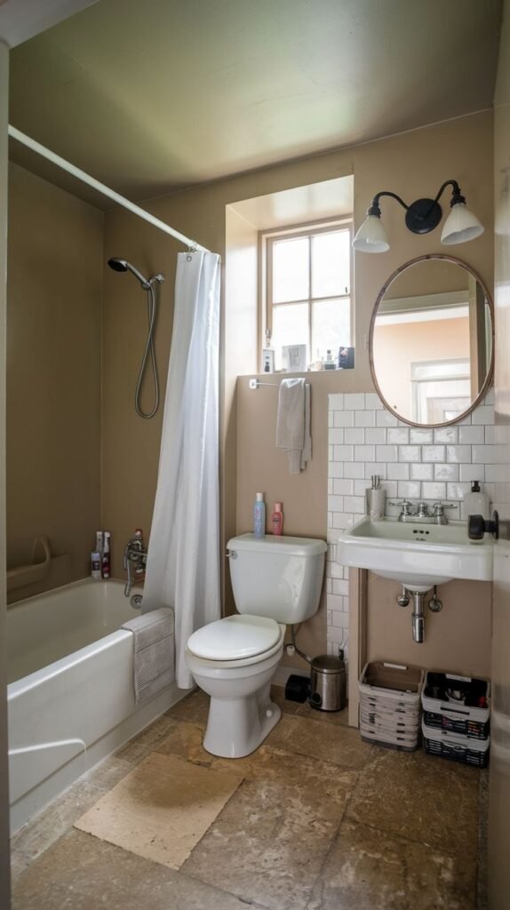 Farmhouse Small Full Bathroom featuring flagstone flooring, tan walls, white fixtures, and a subway tile backsplash behind a wall-mounted sink.