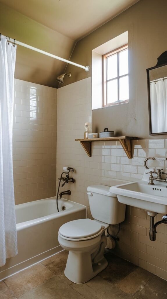 Farmhouse Small Full Bathroom showing warm beige walls, subway tiled wainscoting, a standard tub, and two simple wooden floating shelves.
