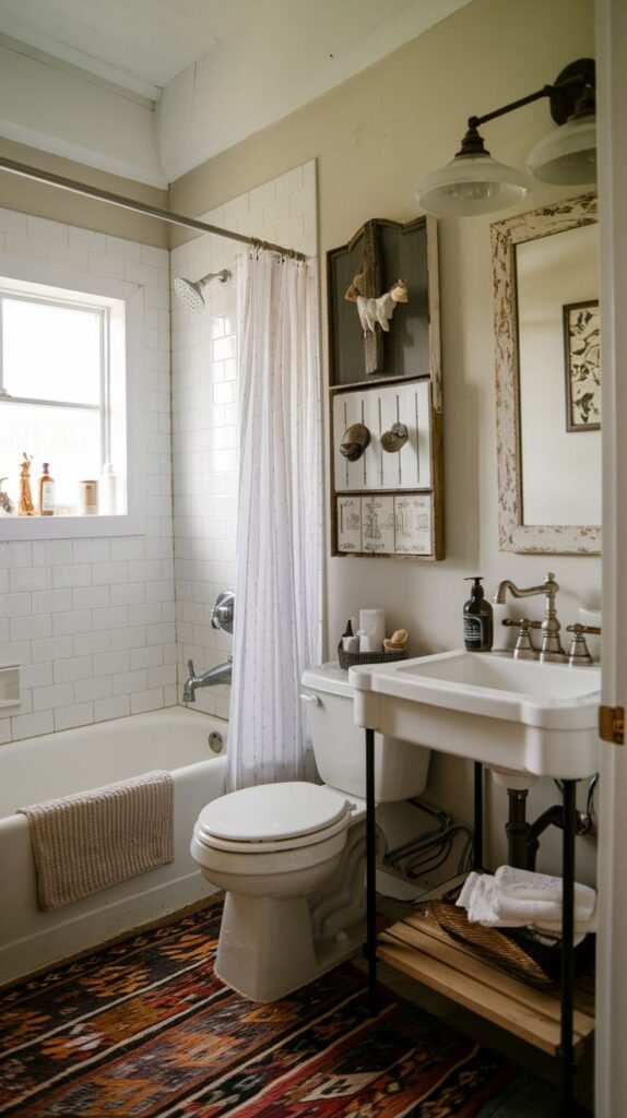 Farmhouse Small Full Bathroom with dark distressed wood floors, a subway tiled bath area, and a console sink with an industrial metal base and wood shelf.