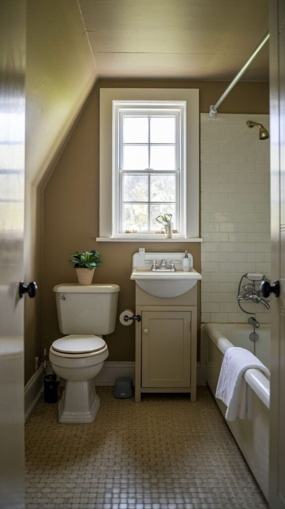 Farmhouse Small Full Bathroom in a narrow space, featuring sloped walls, a compact beige vanity cabinet, and small mosaic floor tiling.
