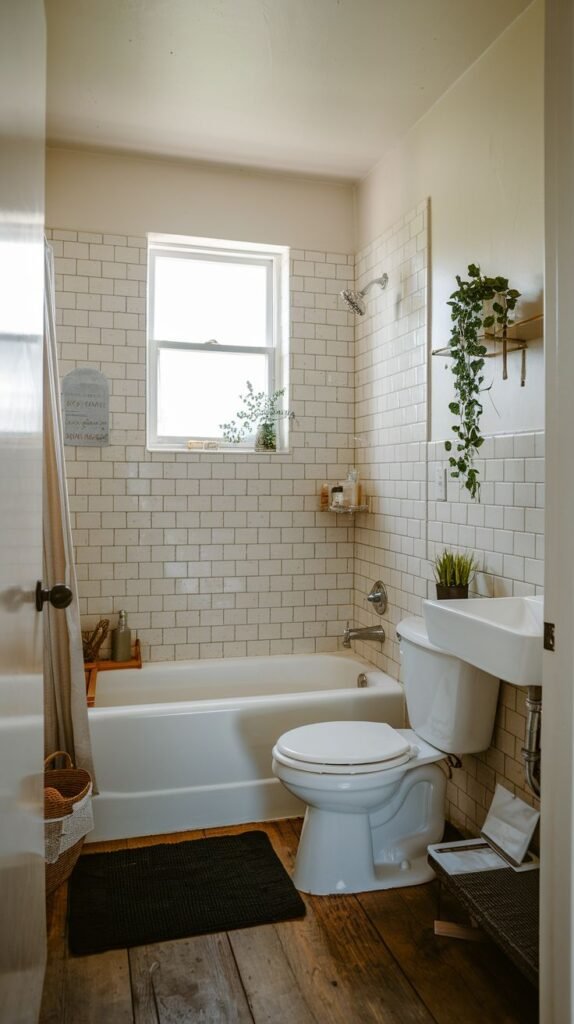 Farmhouse Small Full Bathroom featuring rustic wood floors, white subway tiled walls, a wall-mounted sink, and a shelf displaying trailing green plants.