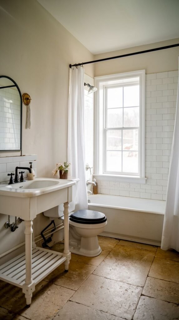 Farmhouse Small Full Bathroom with large flagstone flooring, a white sink console with an open shelf, and black framed mirror and fixtures.