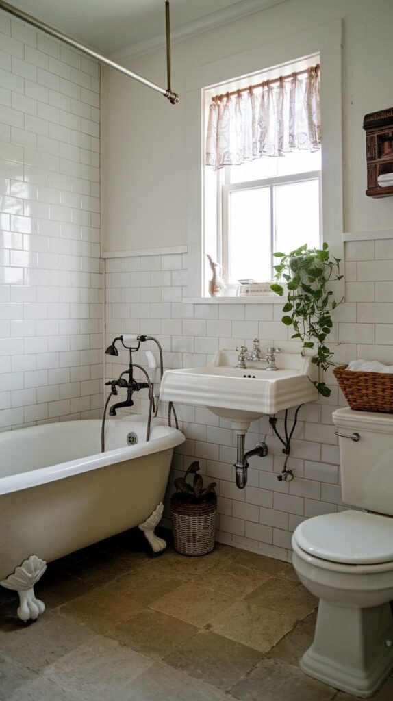 Farmhouse Small Full Bathroom featuring a white clawfoot tub, high white subway tile wainscoting, and large natural stone floor tiles.