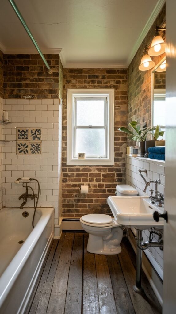Farmhouse Small Full Bathroom combining exposed brick walls, distressed wood floors, white subway tile, and a decorative blue patterned tile accent.