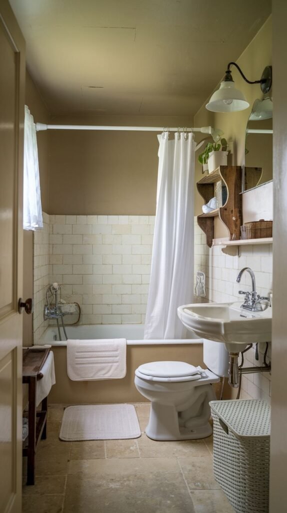 Farmhouse Small Full Bathroom in neutral tones, featuring a pedestal-style wall-mounted sink, a dark wood storage unit, and a tall woven basket.