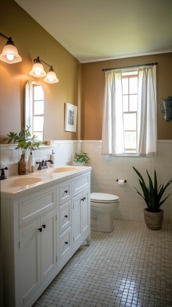 Farmhouse Small Full Bathroom with a white double vanity, white small square mosaic floor tiles, and walls painted in a warm brown or tan color.