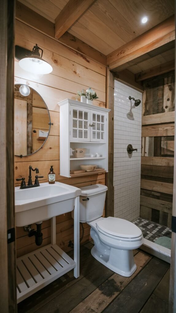 Farmhouse Small Full Bathroom fully paneled in rustic wood planks, featuring a white wall cabinet, a round mirror, and a white tiled shower stall.