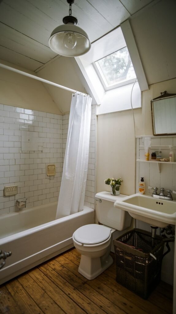 Farmhouse Small Full Bathroom with a vaulted ceiling, skylight, wide plank wood floors, subway tiled tub, and an industrial hanging light over the toilet.