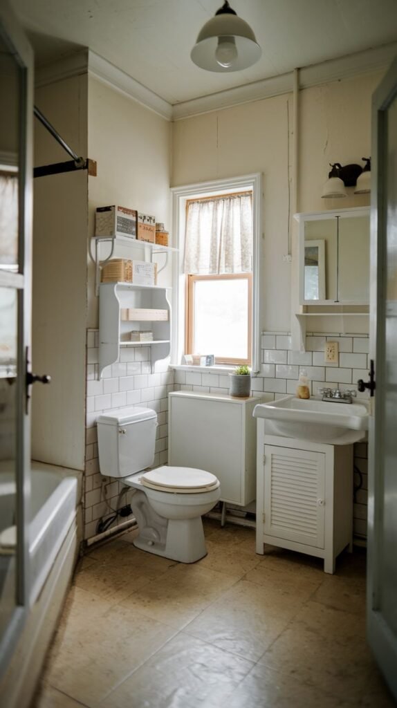 Farmhouse Small Full Bathroom with white subway tile wainscoting, a louvered white vanity cabinet, and a multi-shelf white storage unit above the toilet.