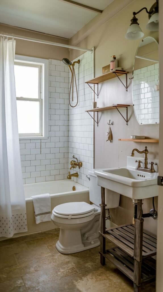 Farmhouse Small Full Bathroom featuring brass/bronze fixtures, rustic floating shelves with dark brackets, and a console sink with an open wooden base shelf.