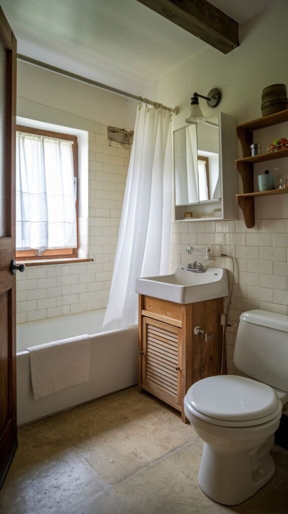 Farmhouse Small Full Bathroom with an exposed dark wood ceiling beam, a small wood louvered vanity cabinet, and subway tile wainscoting.
