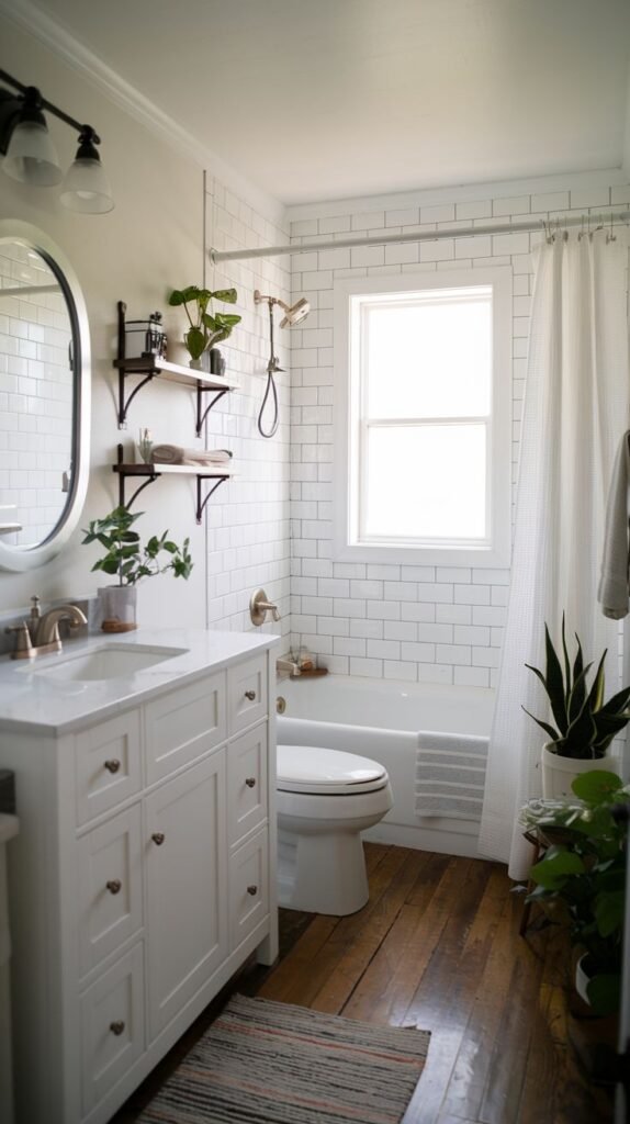 Farmhouse Small Full Bathroom featuring a bright white vanity, dark wood plank floors, white subway tile, and multiple hanging and potted green plants.