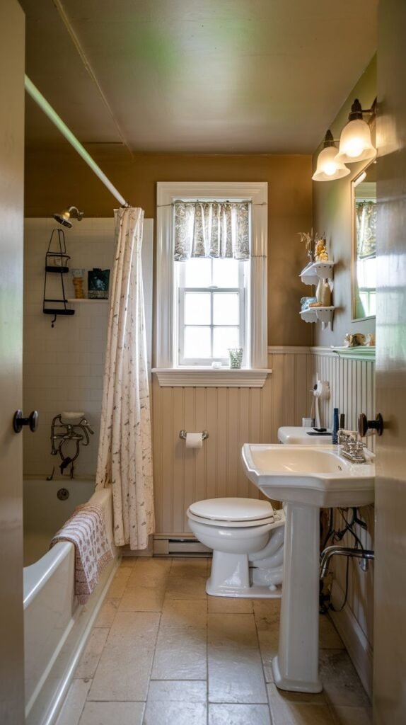 Farmhouse Small Full Bathroom featuring a traditional white pedestal sink, beadboard wainscoting, and two white decorative wall shelves.