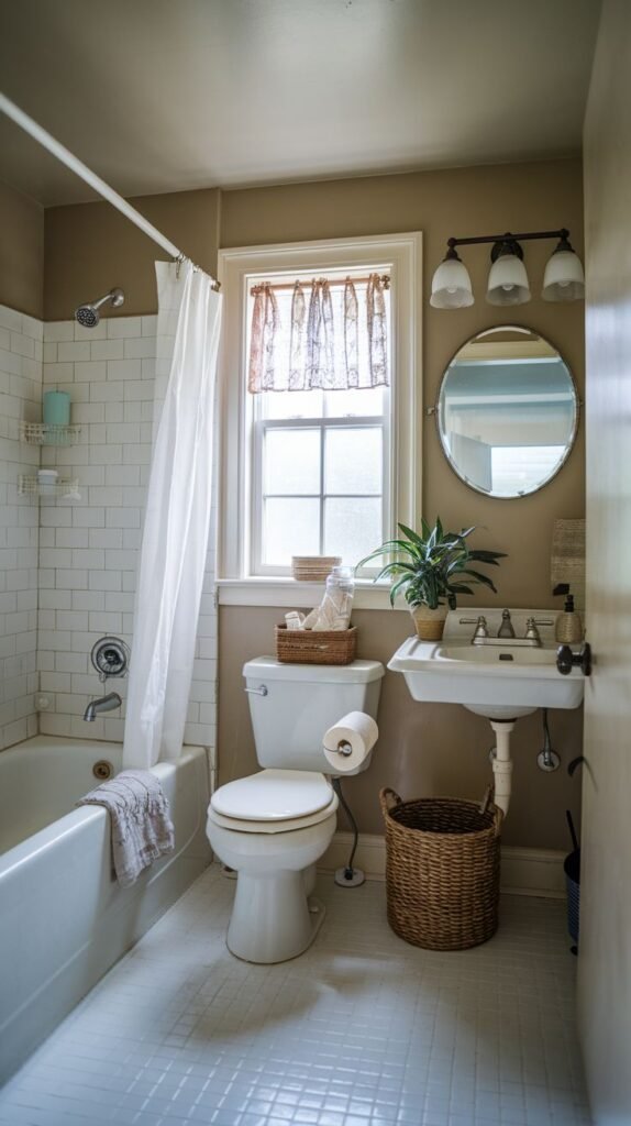 Farmhouse Small Full Bathroom with a wall-mounted sink, beige upper walls, white square floor tiles, and natural woven baskets for storage.