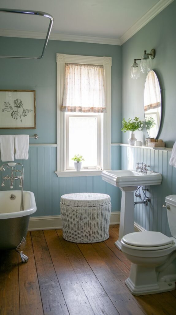 Farmhouse Small Full Bathroom with light blue walls, white beadboard, wide wood floors, a pedestal sink, and a striking dark-colored clawfoot tub.