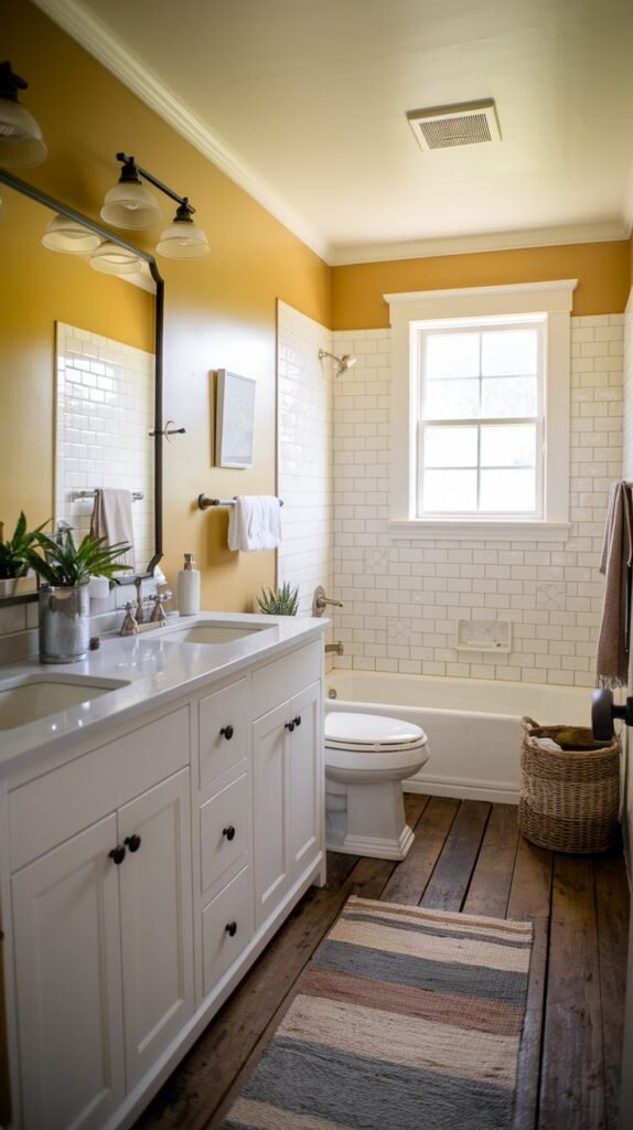Farmhouse Small Full Bathroom featuring a white double vanity, dark wood plank flooring, white subway tile, and vibrant yellow accent walls.