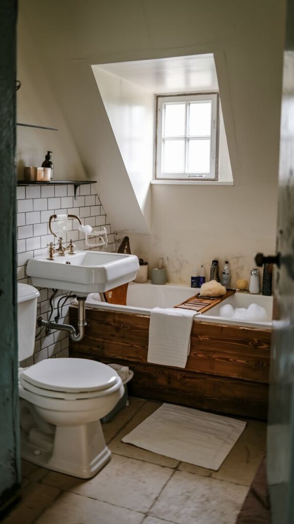 Farmhouse Small Full Bathroom with a unique window niche, dark wood paneled tub surround, and a wall-mounted sink over light flagstone-look tile.