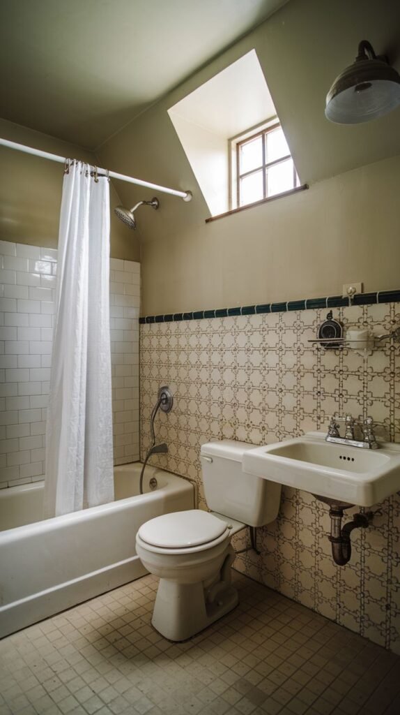 Farmhouse Small Full Bathroom featuring patterned wall tile wainscoting, a standard tub with white subway tile surround, and a window in the sloped ceiling.