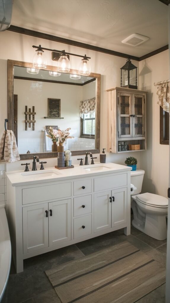 Farmhouse Small Full Bathroom with a white double vanity, rustic wood-framed mirror, decorative lantern cabinet above the toilet, and dark ceiling trim.