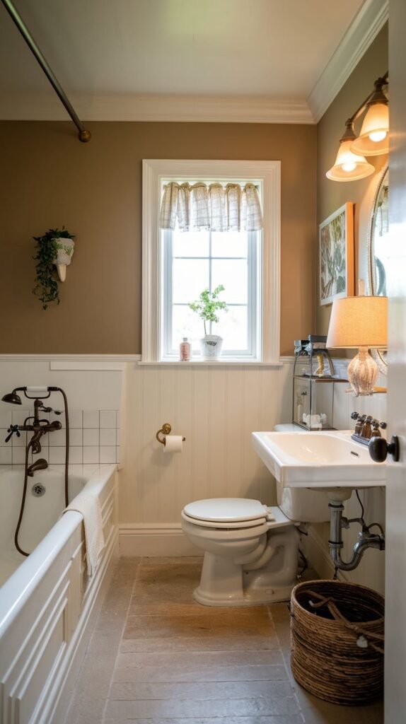 Farmhouse Small Full Bathroom with tan walls, white beadboard wainscoting, a paneled tub, and exposed wall-mounted sink plumbing.