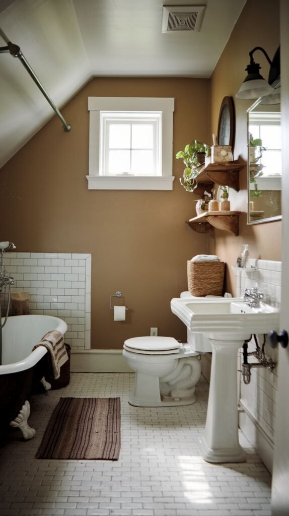 Farmhouse Small Full Bathroom with a dark clawfoot tub, pedestal sink, rustic wood floating shelves, and white mosaic tile flooring.
