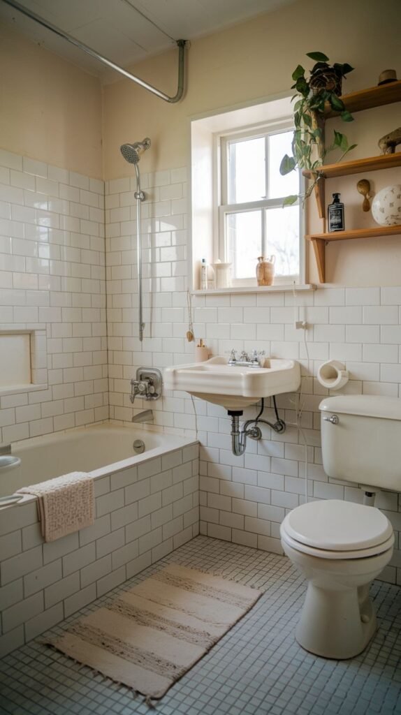 Farmhouse Small Full Bathroom featuring a tiled tub with a built-in niche, a wall-mounted sink, and floating wood shelves displaying trailing plants.