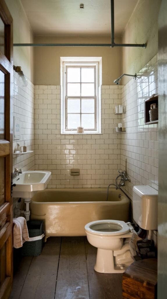 Farmhouse Small Full Bathroom with rustic wood plank flooring, a tan vintage tub and toilet, and white subway tiled walls.