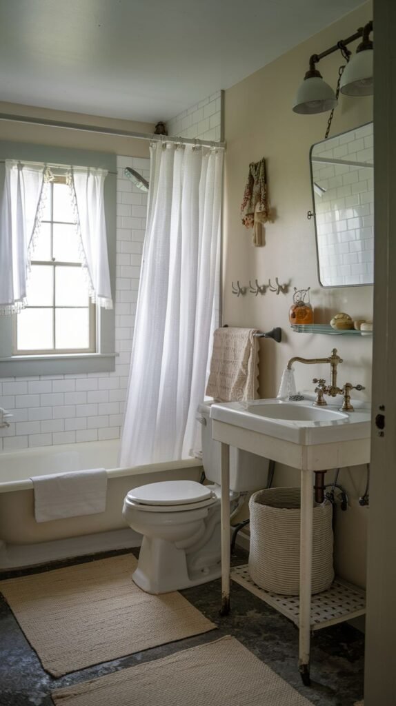 Farmhouse Small Full Bathroom featuring a console sink on a white metal stand, white subway tile tub surround, and dark tiled flooring.