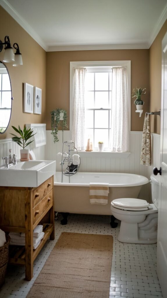 Farmhouse Small Full Bathroom featuring a clawfoot tub, natural wood open-shelf vanity, white beadboard, and small white tiled flooring.
